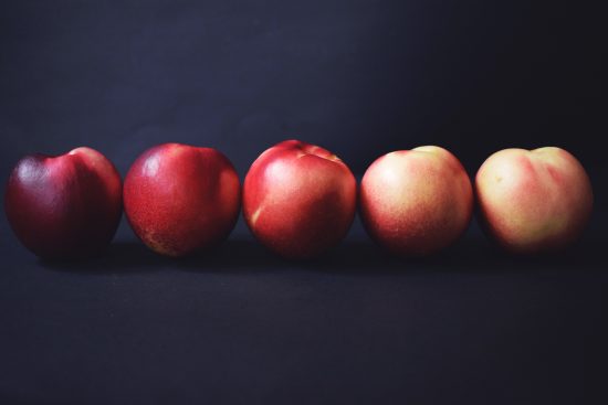Sequence of five nectarines in different colours