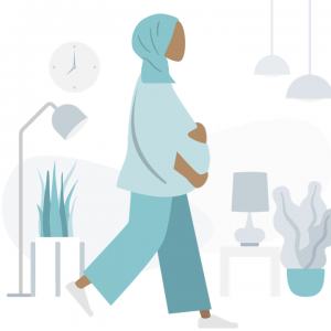 illustrated pregnant woman with headscarf walking through livingroom