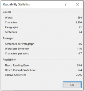 Screenshot readability statistics in Ms Word