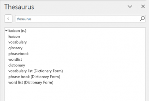 Screenshot thesaurus function in Microsoft Word