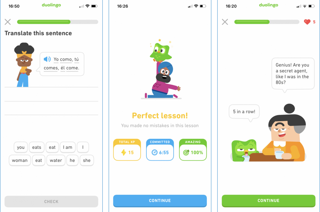 Three Duolingo screenshots