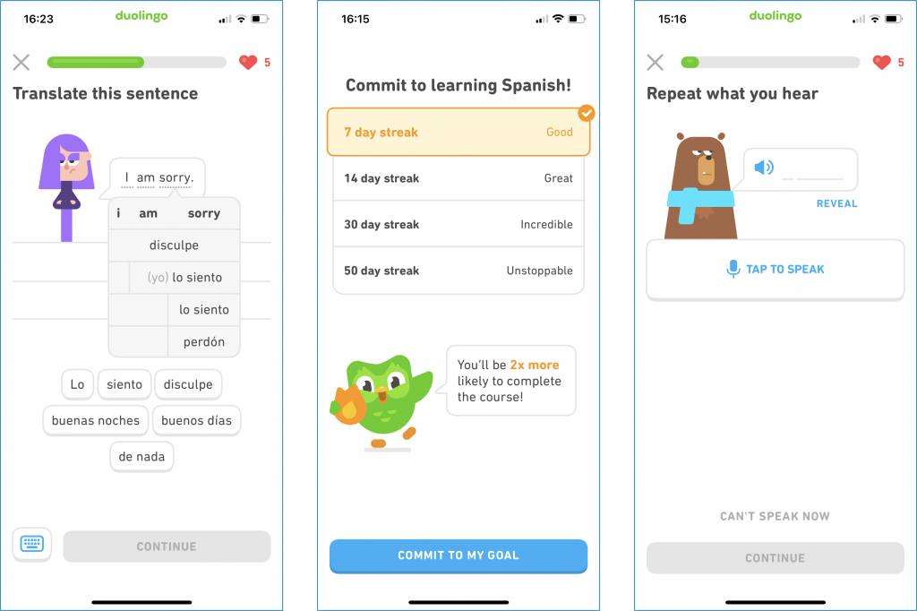 Three Duolingo screenshots